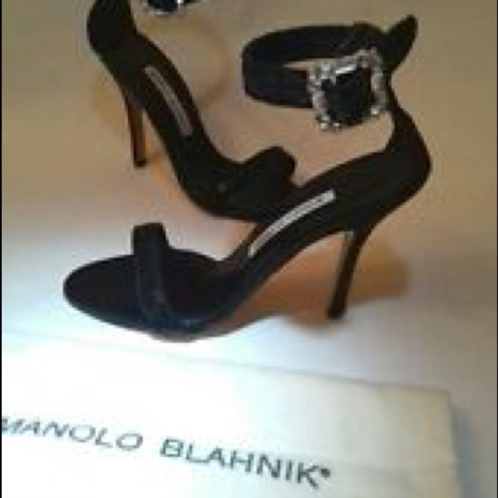 Manolo Blahnik black sequin ankle strap sandals